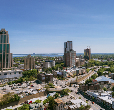 The aerial panoramic view to the skyscrapers in the Downtown of New Rochelle, Westchester county, New York State, USA